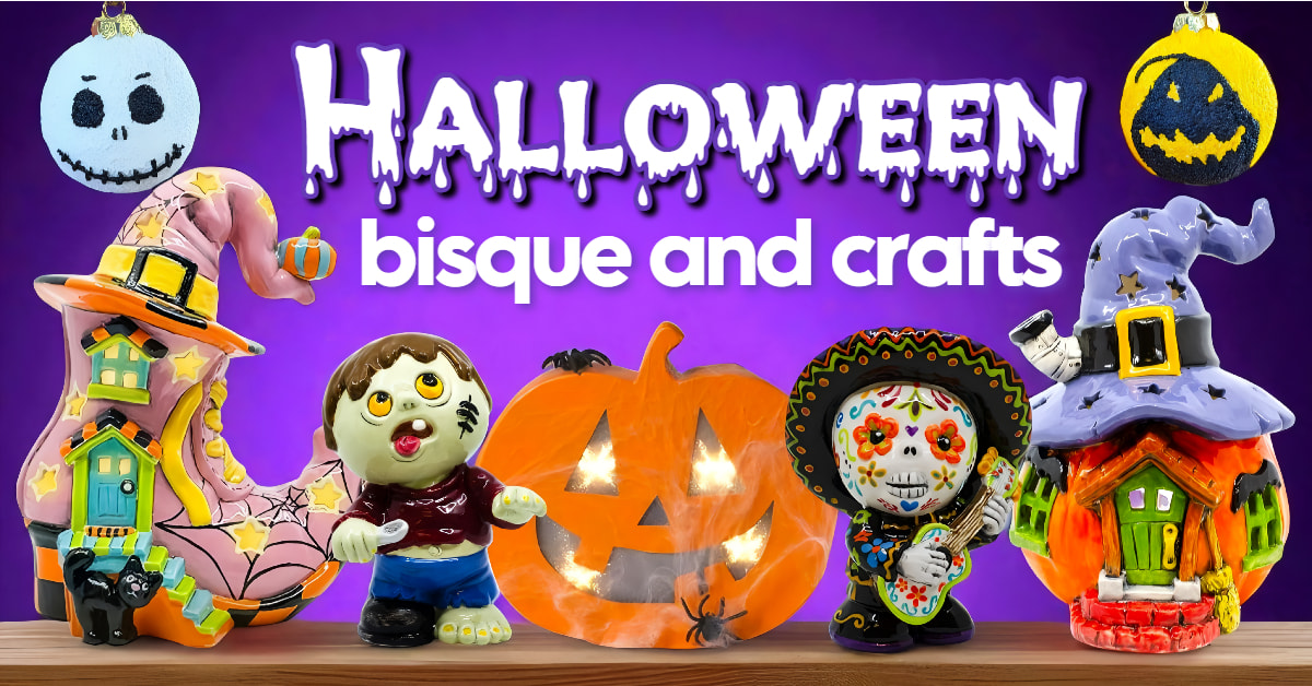 Halloween paint-your-own-pottery and craft supplies — pumpkins, lanterns, party animals and seasonal kits