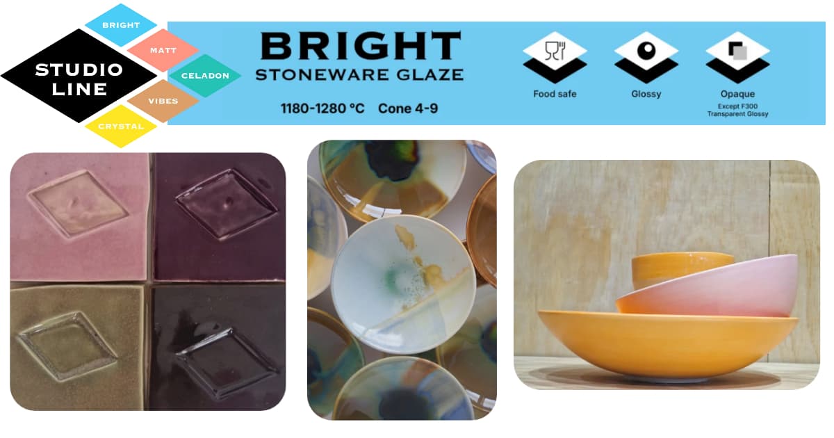 Milton Bridge Studio Line Bright stoneware glazes banner – vibrant glossy finishes, Cone 4–9, food safe
