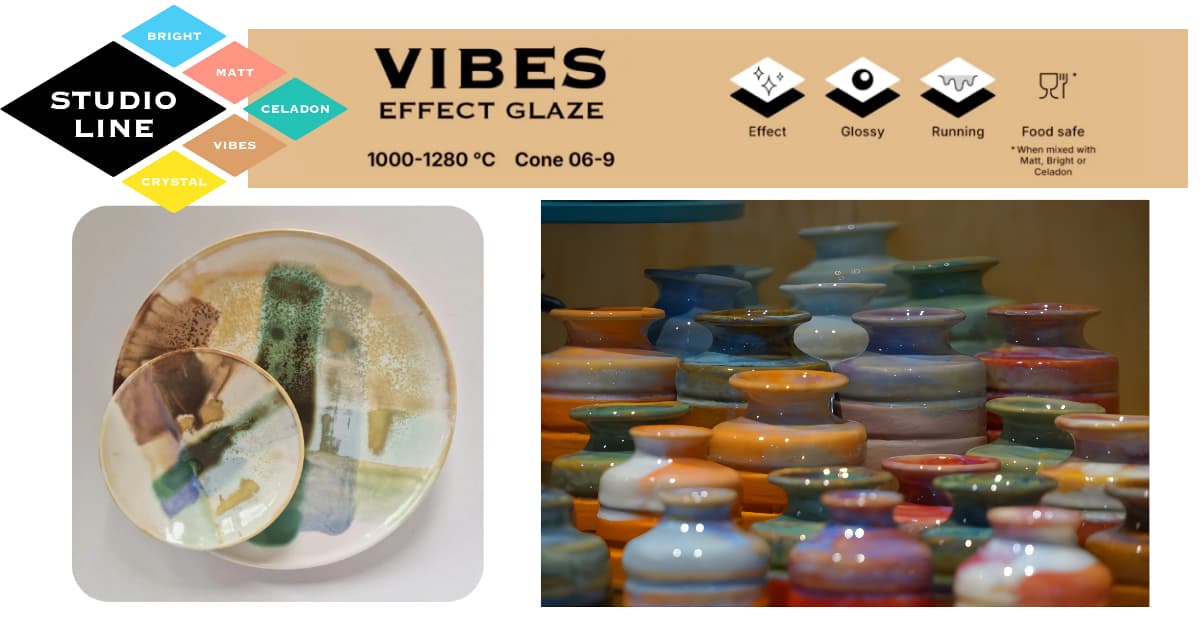 Milton Bridge Studio Line Vibes Reactive effect glazes banner – crystalline reactive finishes, Cone 06–9, food safe when used with clear glaze