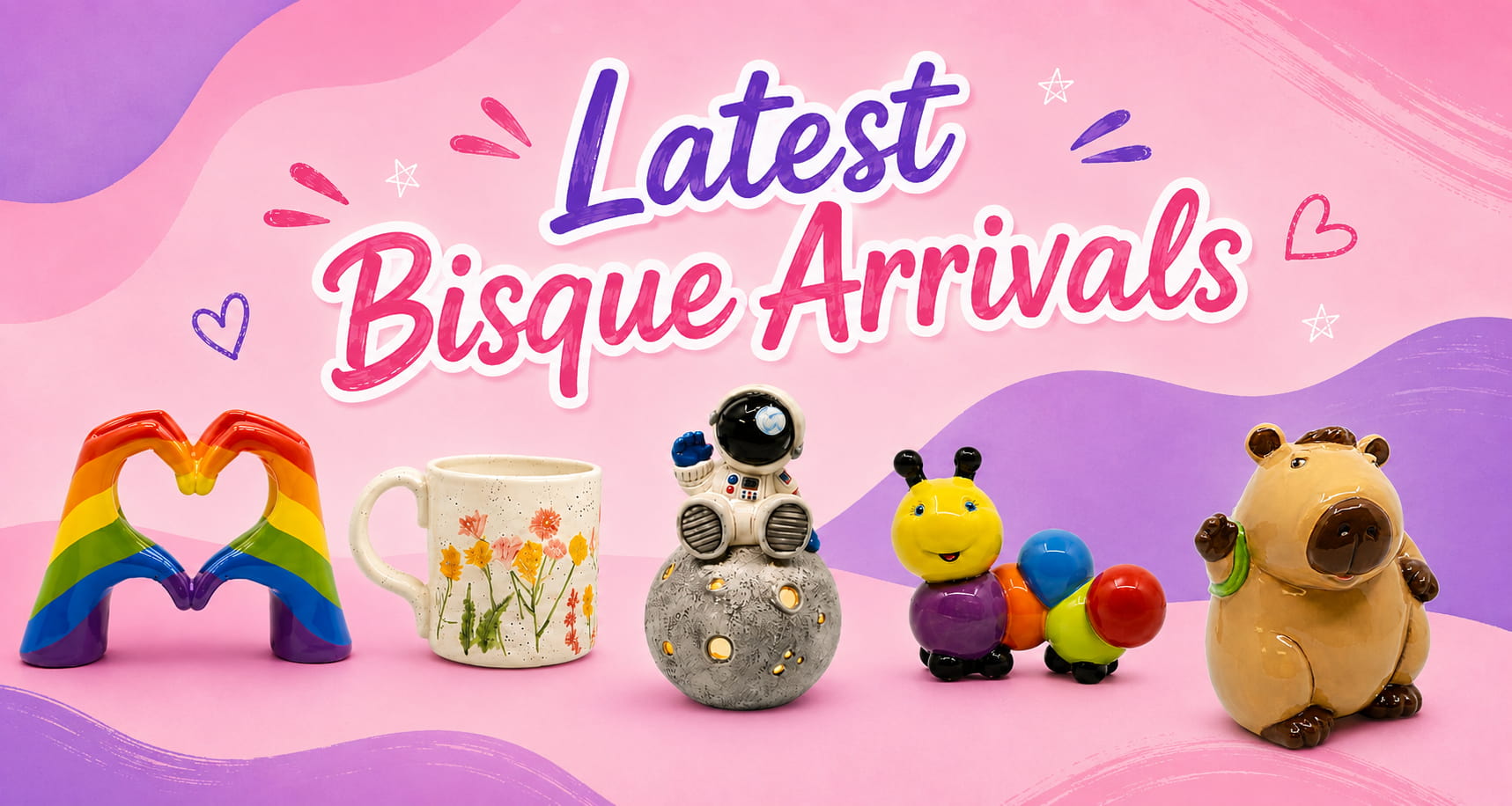 Latest paint your own pottery bisque arrivals including new capybara and character designs at Cromartie