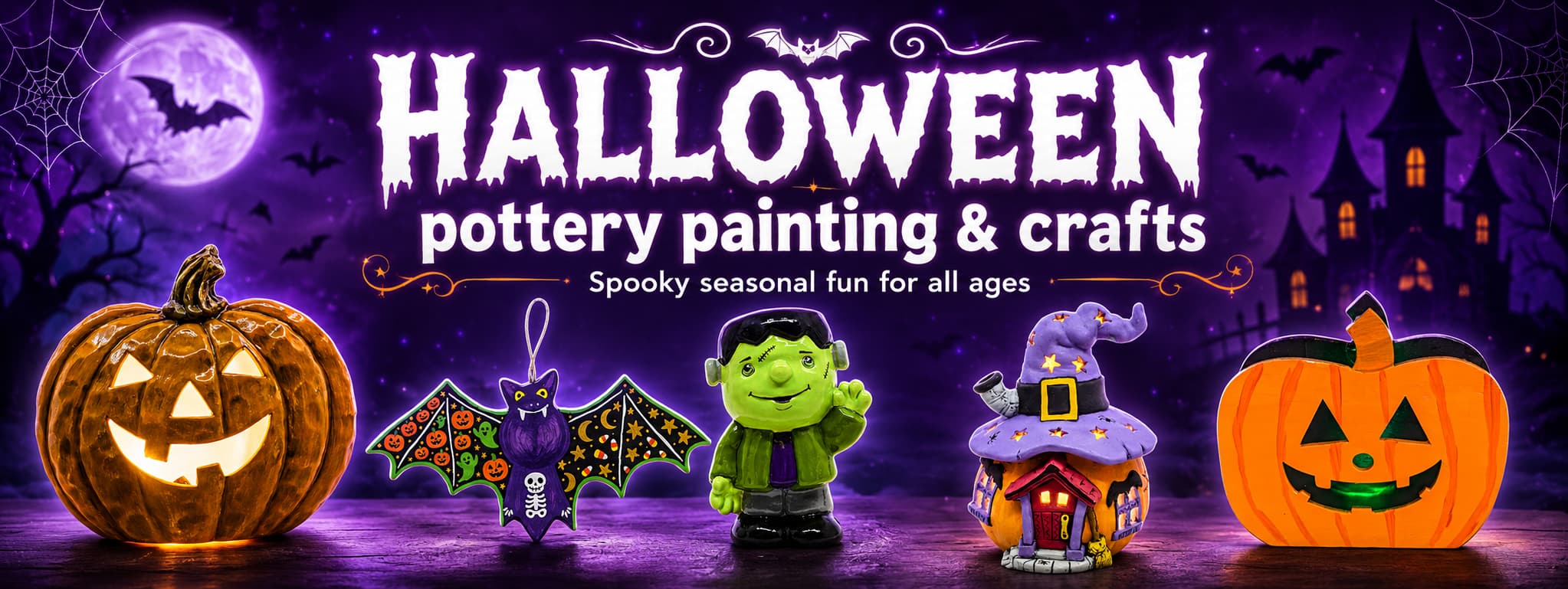 Halloween paint-your-own-pottery and craft supplies — pumpkins, lanterns, party animals and seasonal kits
