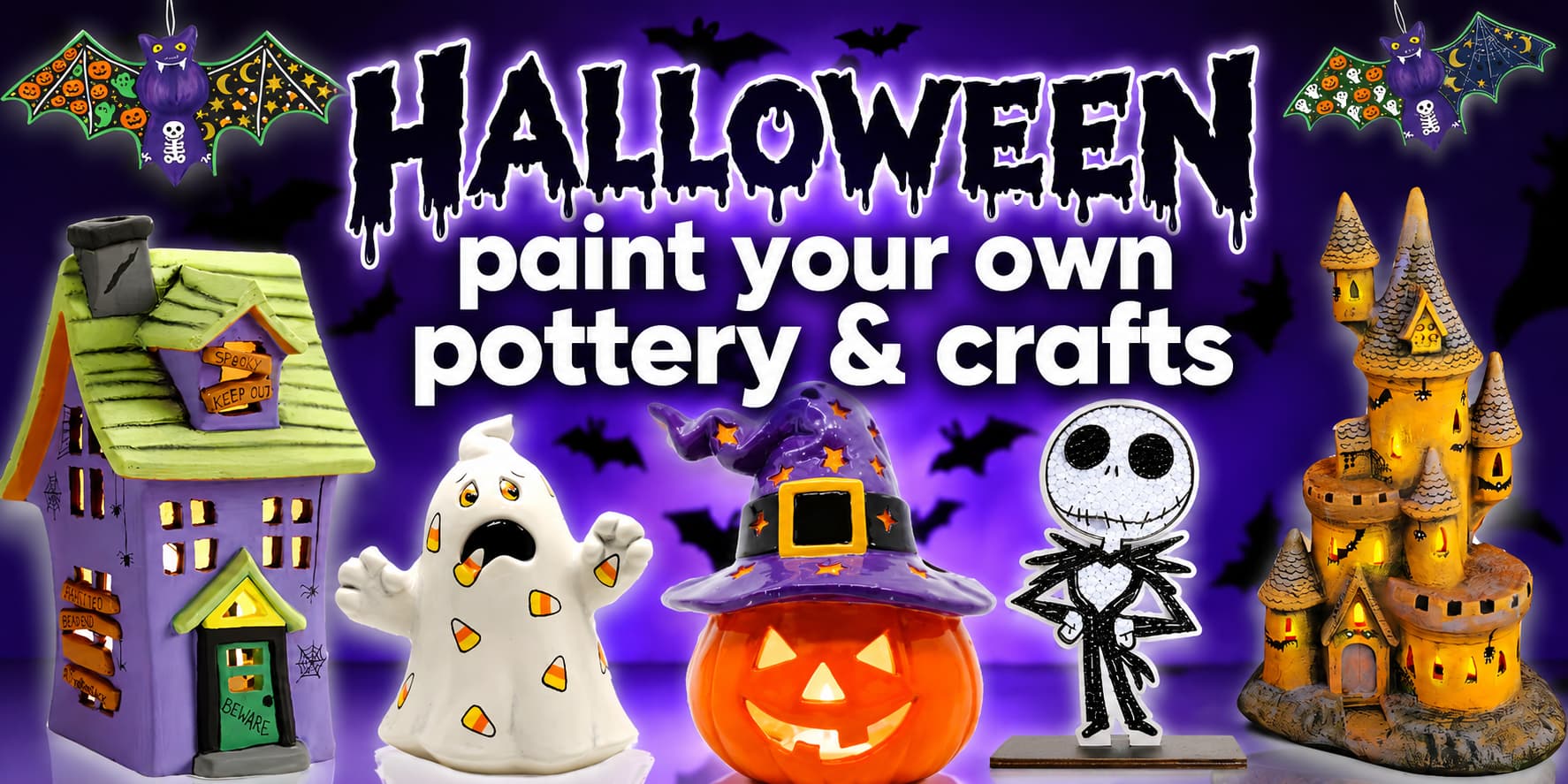 Halloween paint-your-own-pottery and craft supplies — pumpkins, lanterns, party animals and seasonal kits