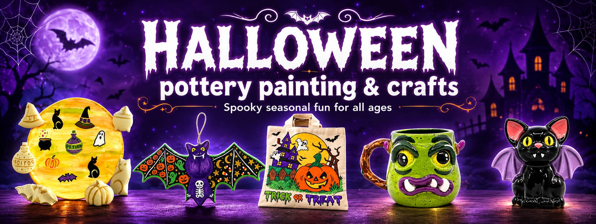 Halloween pottery painting and crafts featuring a decorated Halloween plate, purple bat ornament, colour-in trick or treat bag, green monster mug and black cat bat ceramic