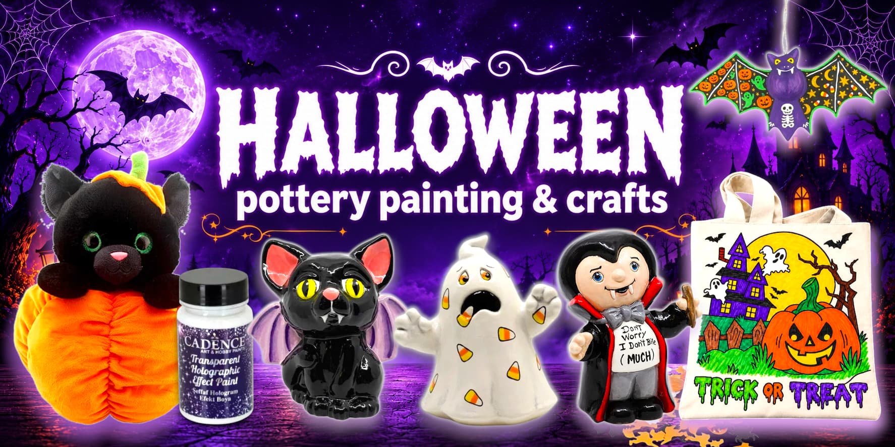 Halloween pottery painting and crafts featuring a decorated Halloween plate, purple bat ornament, colour-in trick or treat bag, green monster mug and black cat bat ceramic