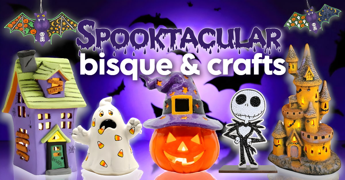 Halloween paint-your-own-pottery and craft supplies — pumpkins, lanterns, party animals and seasonal kits