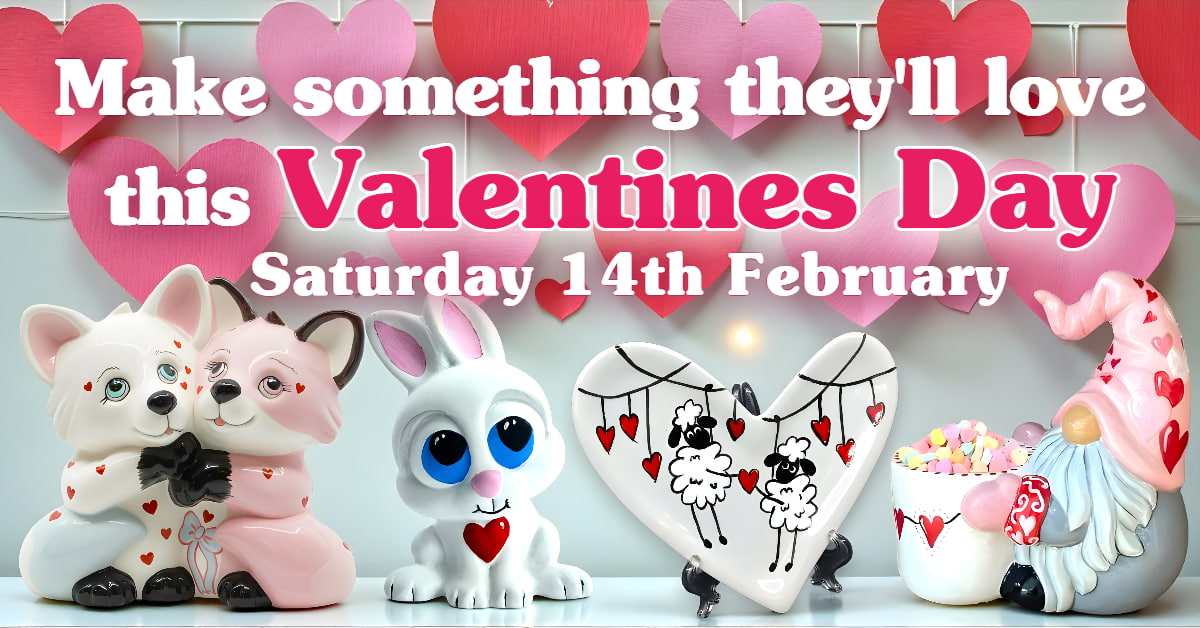 Valentine's Day pottery and craft designs including fox couple, bunny with heart, heart-shaped sheep plate and gnome with sweets against a backdrop of hanging paper hearts