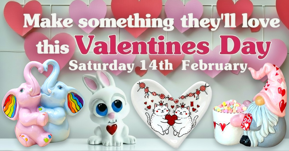Valentine's Day pottery and craft designs including fox couple, bunny with heart, heart-shaped sheep plate and gnome with sweets against a backdrop of hanging paper hearts