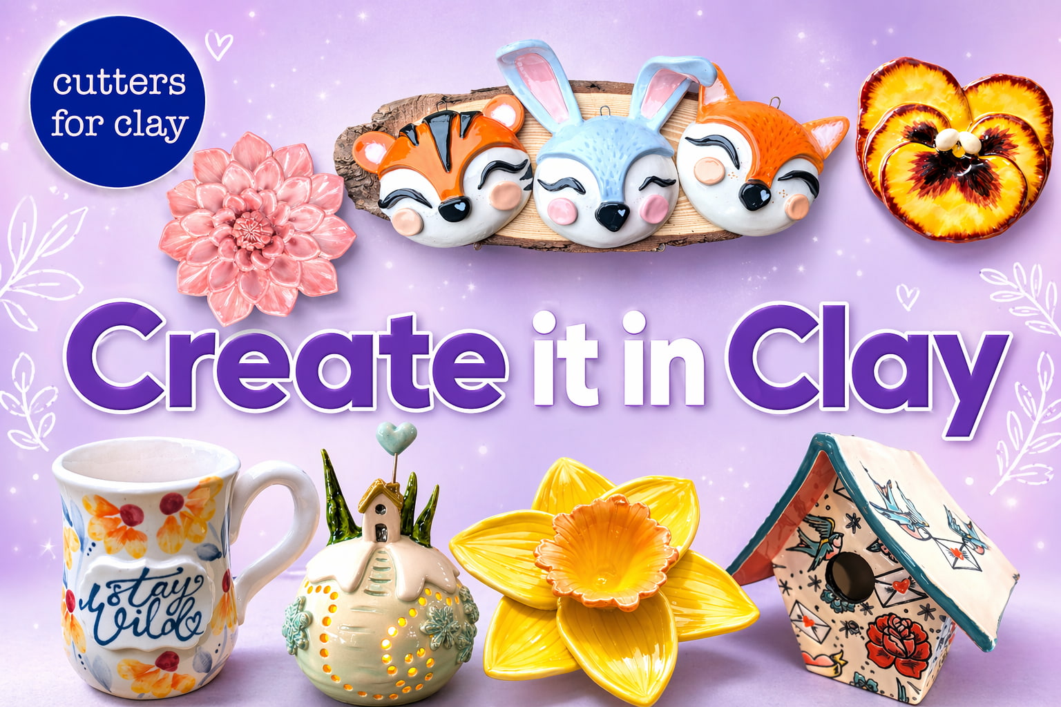 Create it in Clay banner showing clay project ideas including flowers, animal faces, mugs, birdhouses and dishes