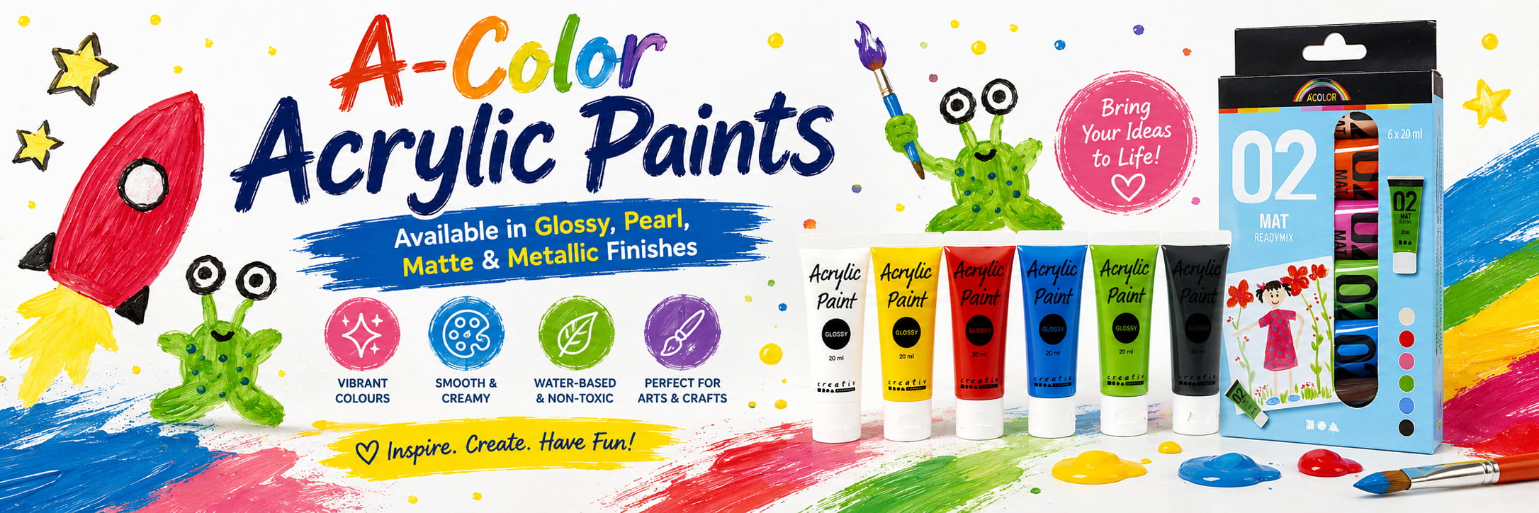 A-Color acrylic craft paints in glossy, pearl, matte and metallic finishes for school, craft and creative art projects