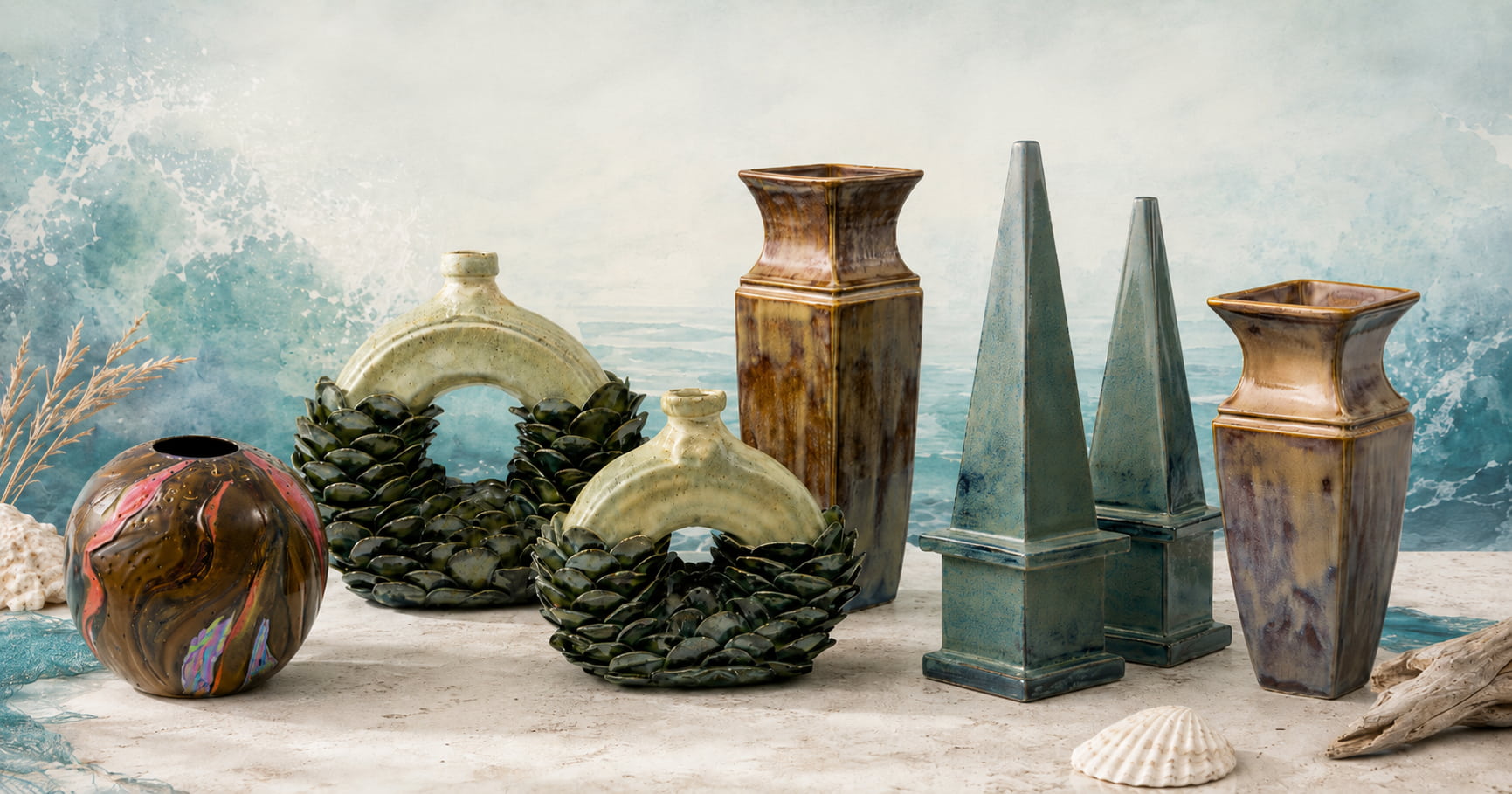 Finished ceramic pieces glazed with Milton Bridge Studio Line By the Sea reactive stoneware glazes
