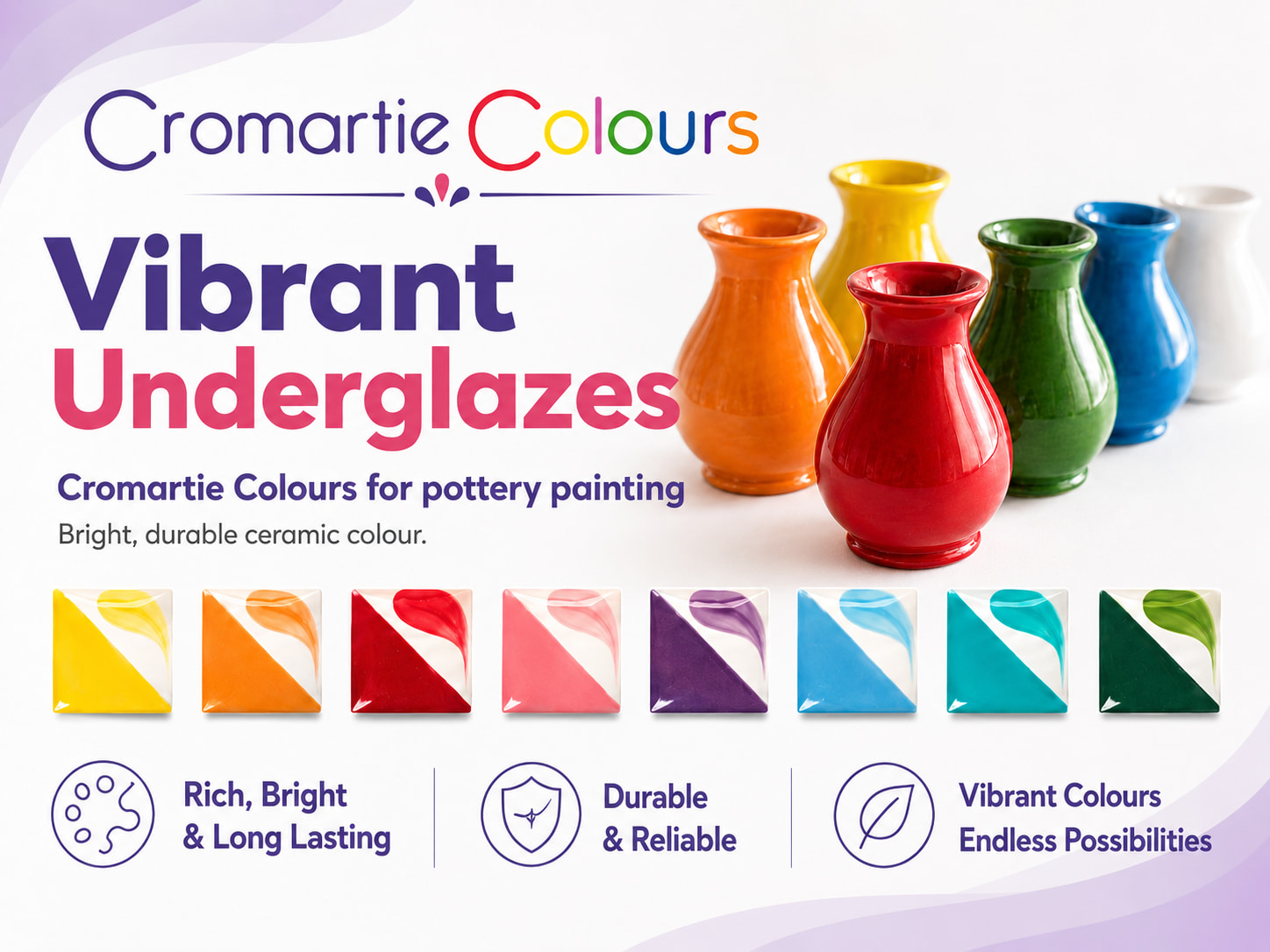 Cromartie Colours underglaze poster showing vibrant ceramic underglaze colours, fired colour chips and painted urn vases
