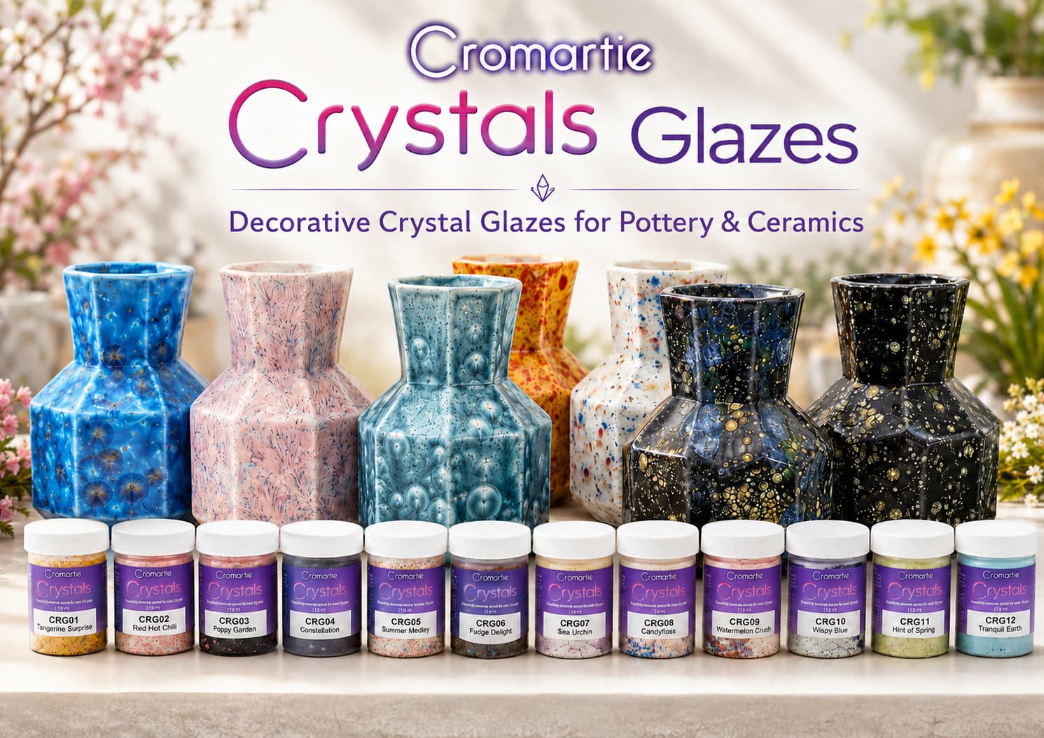 Cromartie Crystals Glazes with prismware vases and decorative fired ceramic crystal glaze effects