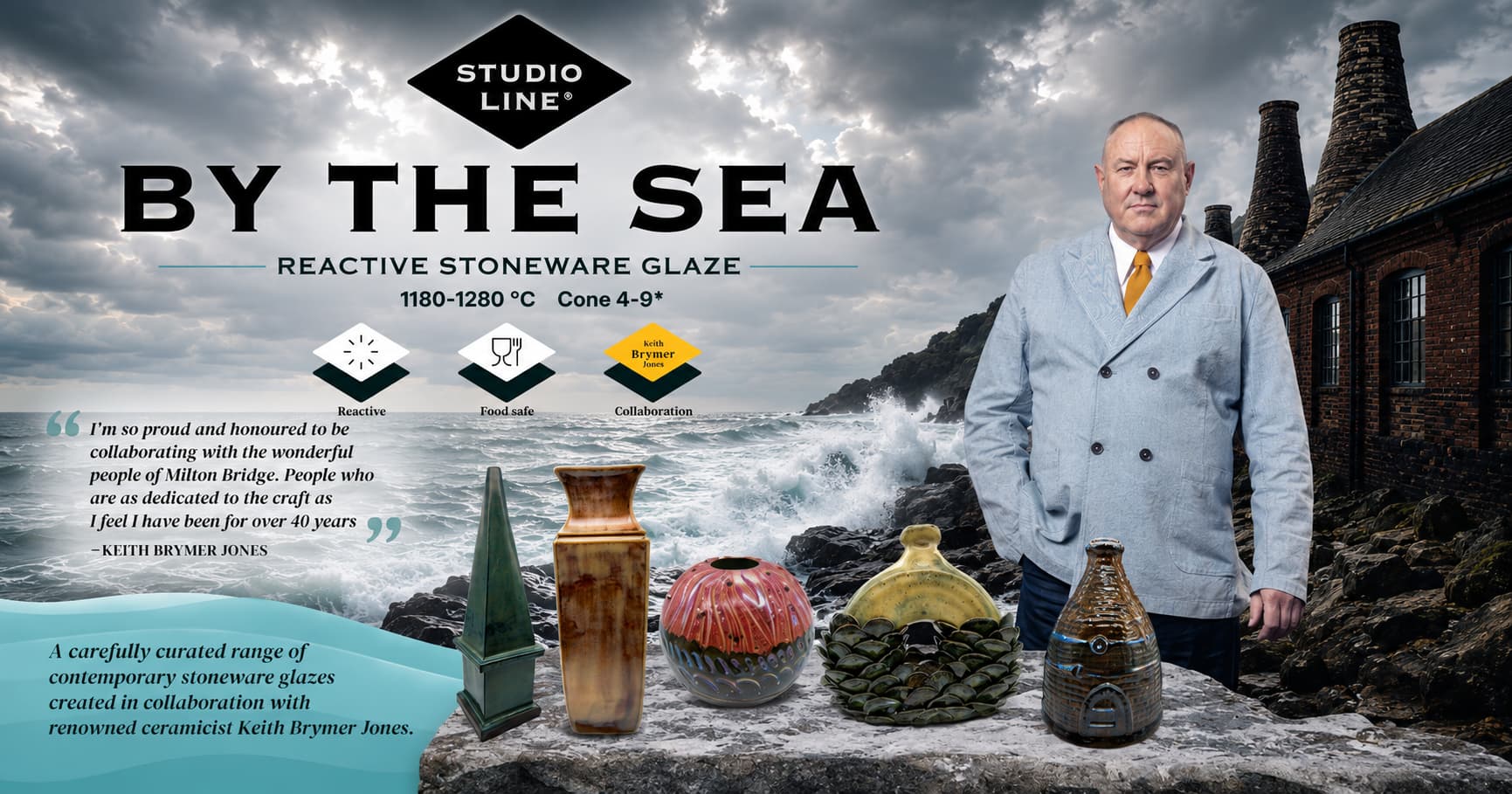 Milton Bridge Studio Line By the Sea reactive stoneware glazes banner – glossy reactive finishes, Cone 4–9, food safe