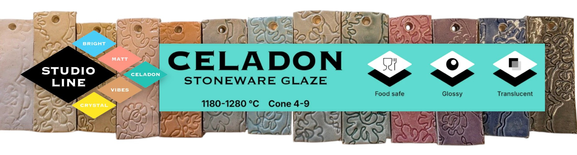 Milton Bridge Studio Line Celadon Stoneware Glazes banner showing sample tiles and icons for food safe, glossy and translucent