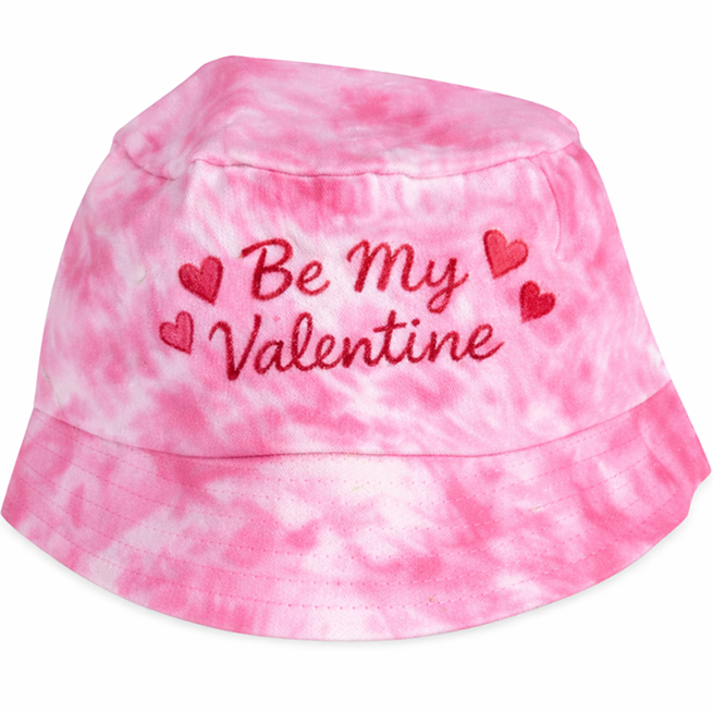 Pink tie-dye Valentine bucket hat decorated with fabric paints and markers