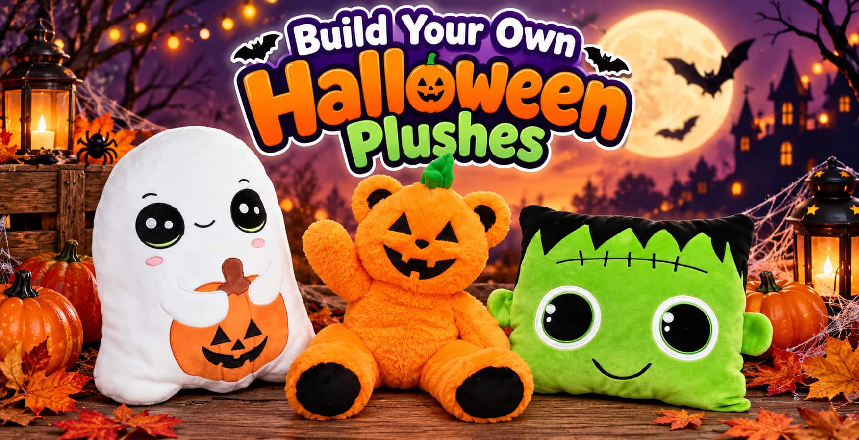 Build your own Halloween plushes featuring a cute ghost, pumpkin bear and Frankenstein plush character