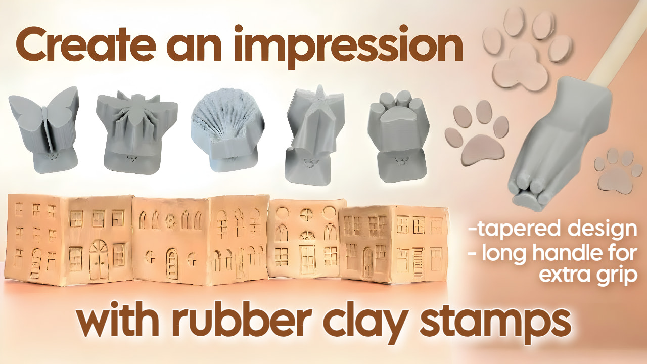 Rubber clay stamps creating crisp impressions in clay, with tapered stamp heads and long handles for extra grip.