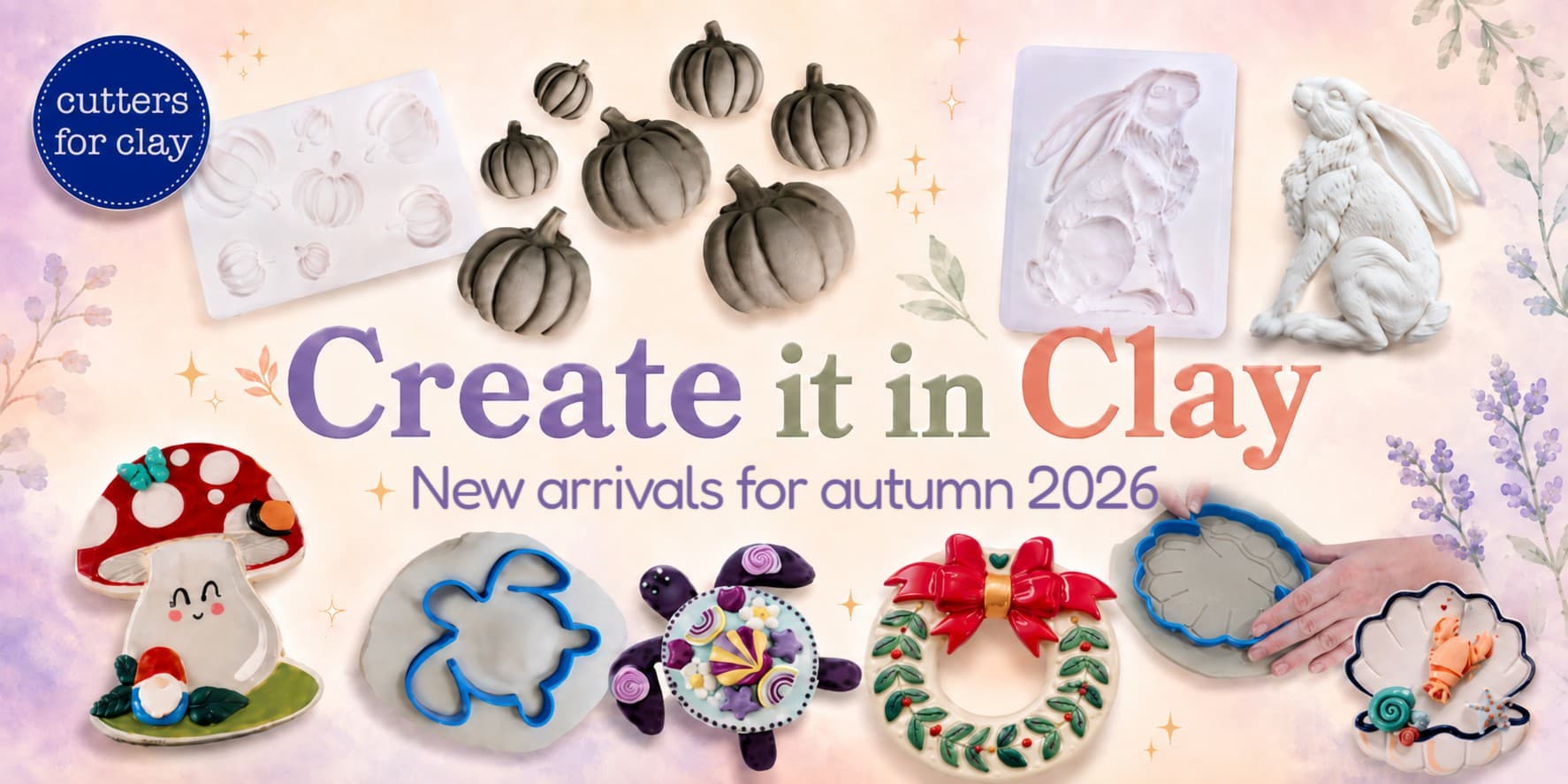 Create it in Clay banner showing clay project ideas including flowers, animal faces, mugs, birdhouses and dishes