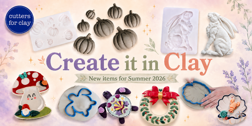 Create it in Clay banner showing clay project ideas including flowers, animal faces, mugs, birdhouses and dishes