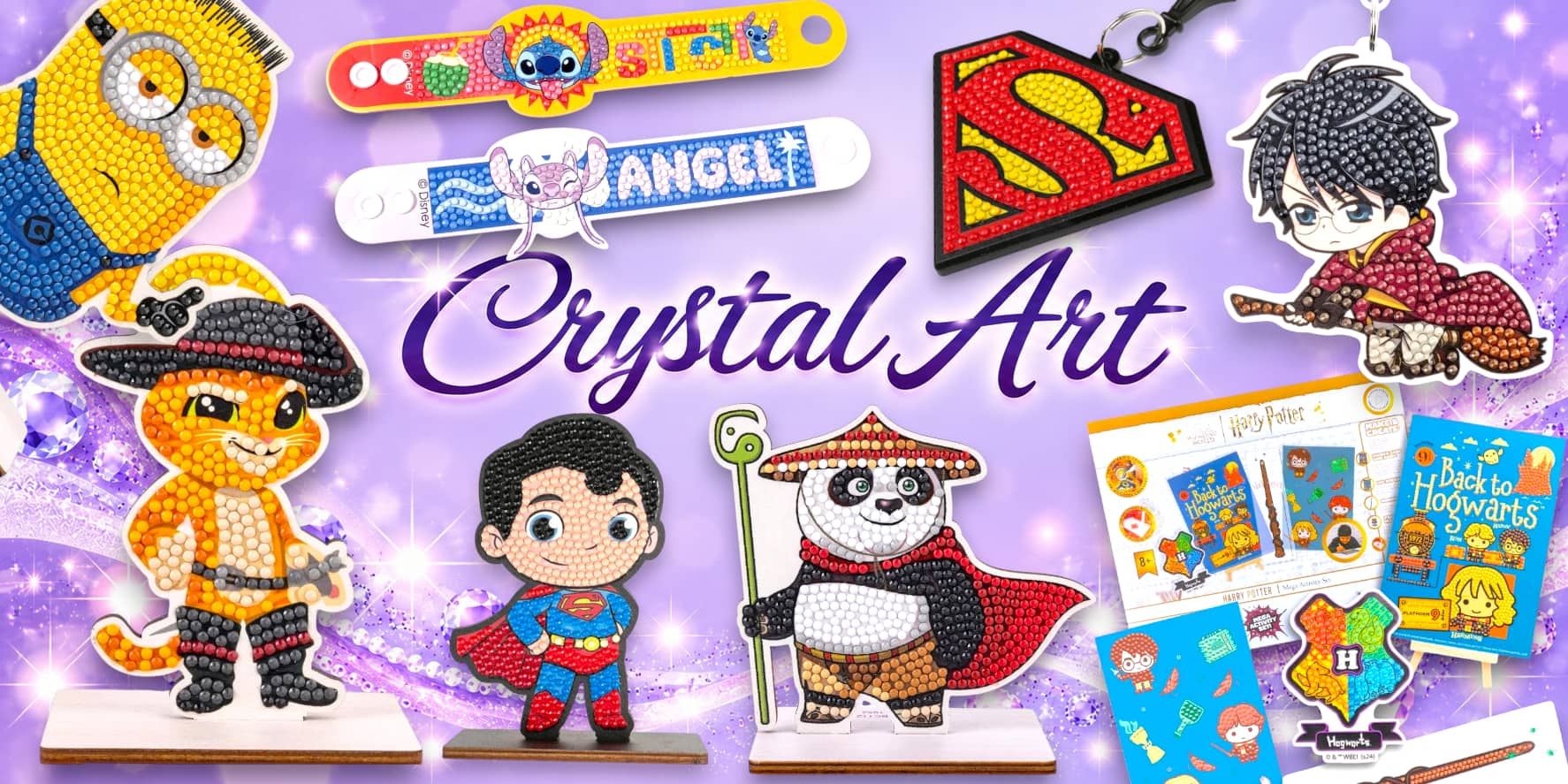 Crystal Art department banner featuring Crystal Art Buddies, bracelets, bag charms and activity kits