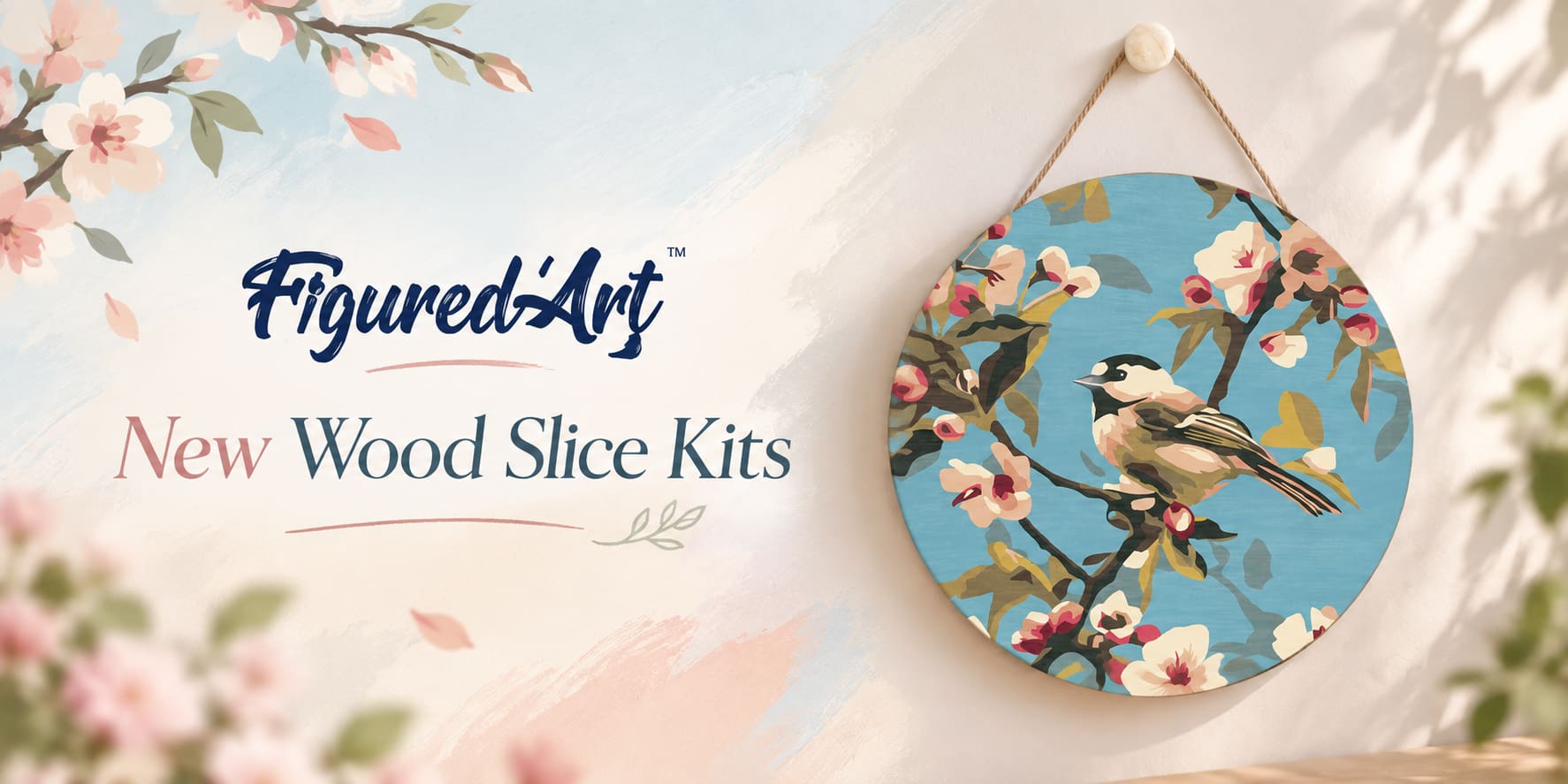 Figured'Art Paint by Numbers Wood Slice Kit featuring a bird design on a round wooden plaque
