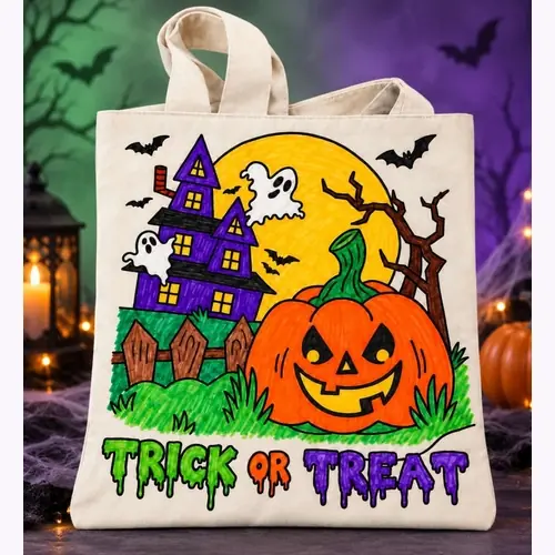 Animated Halloween showcase featuring trick-or-treat bags, Halloween crafts, stencils, slime kits, pumpkin carving kits, plush toys and face painting