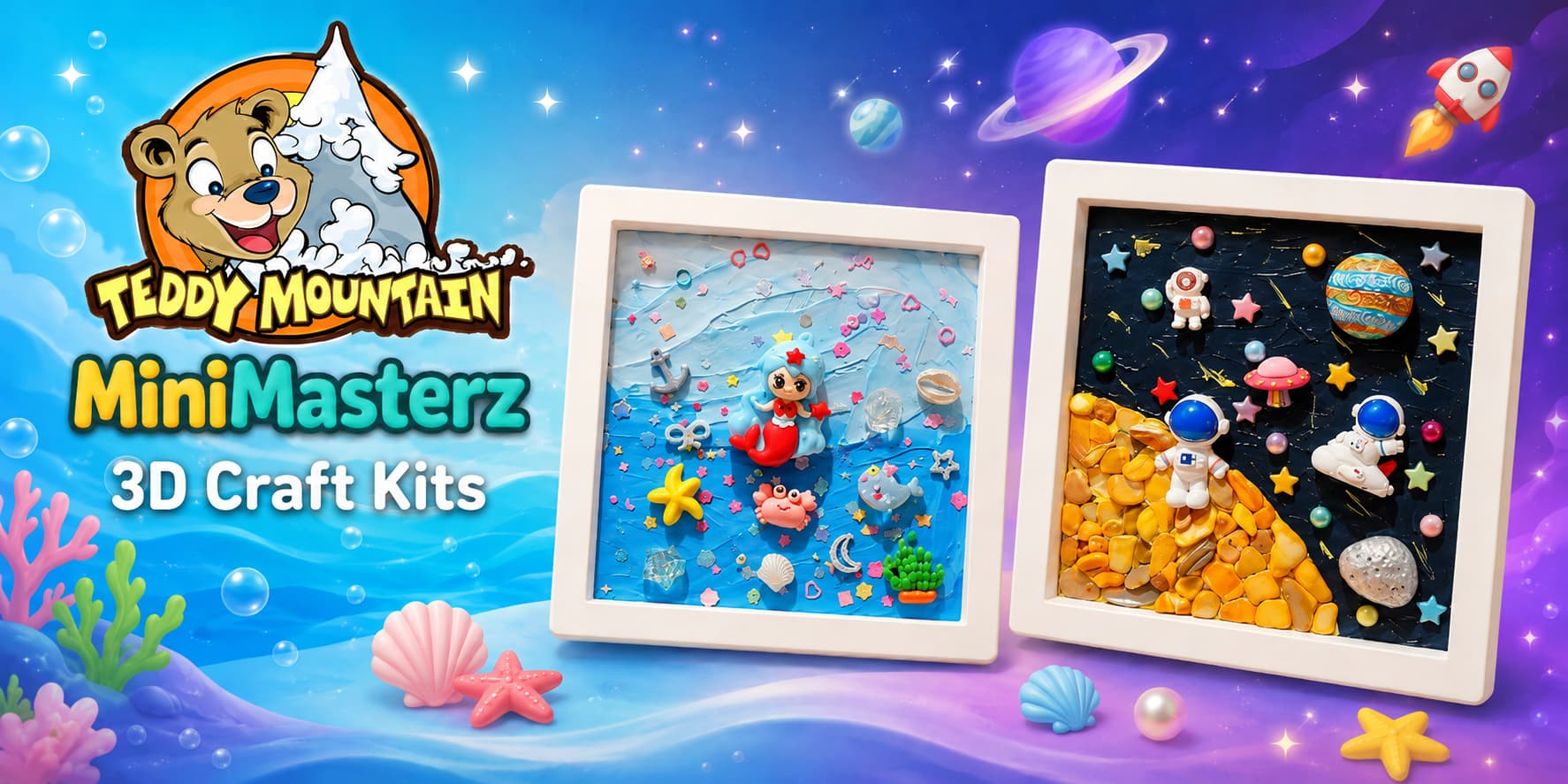 Teddy Mountain Mini Masterz 3D craft kits for children featuring mermaid and space framed craft designs