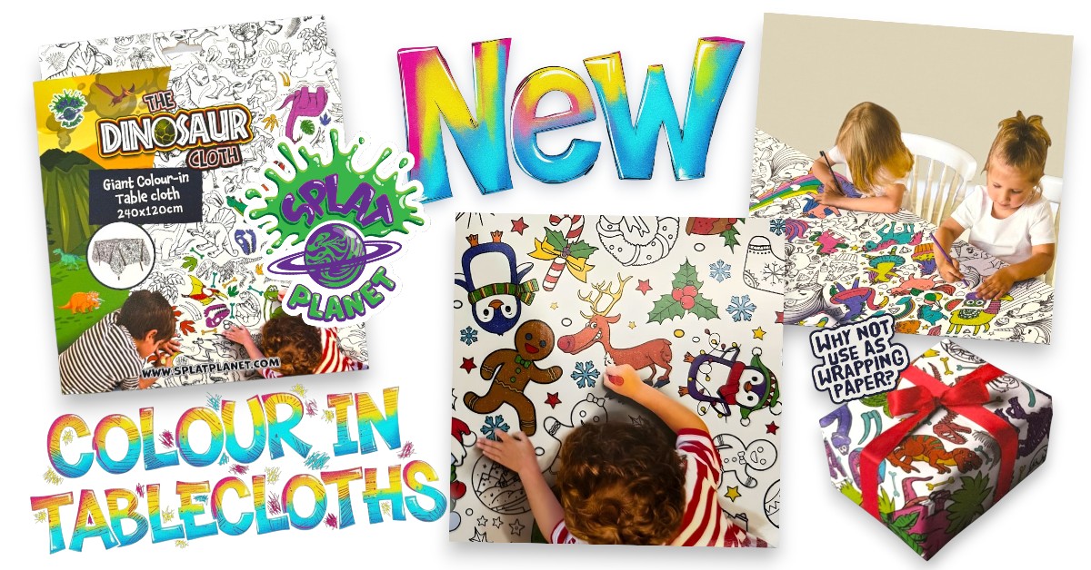 Colour-in paper tablecloths for kids featuring dinosaur, unicorn, clever cloth and Christmas designs
