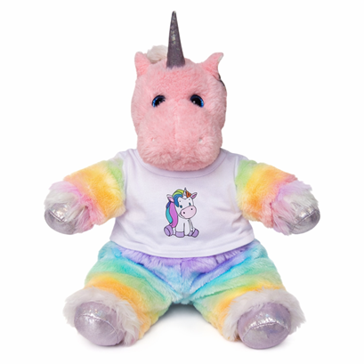 Peaches the Unicorn in cosy rainbow unicorn pyjamas – TeddyTastic example bear