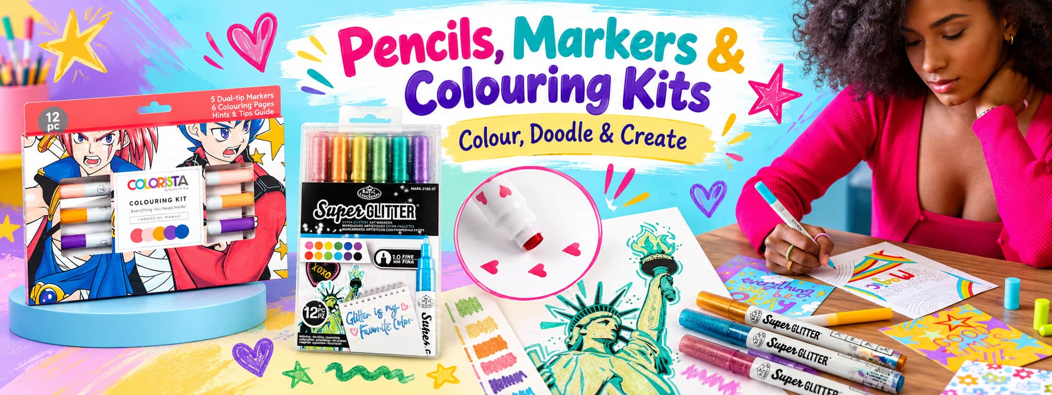 Pencils, markers and colouring kits including Colorista colouring sets, acrylic markers and glitter markers for kids and adults