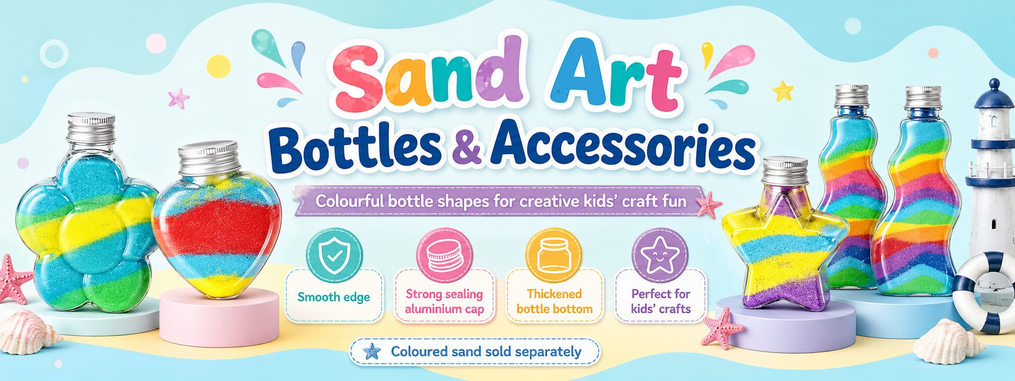 Sand Art Bottles and Accessories banner showing colourful shaped sand art bottles for kids' craft fun