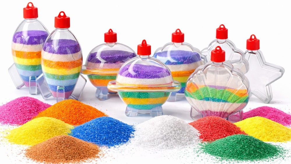 Coloured sand 1kg with sand art bottles in assorted bright colours for children's crafts and sand art projects