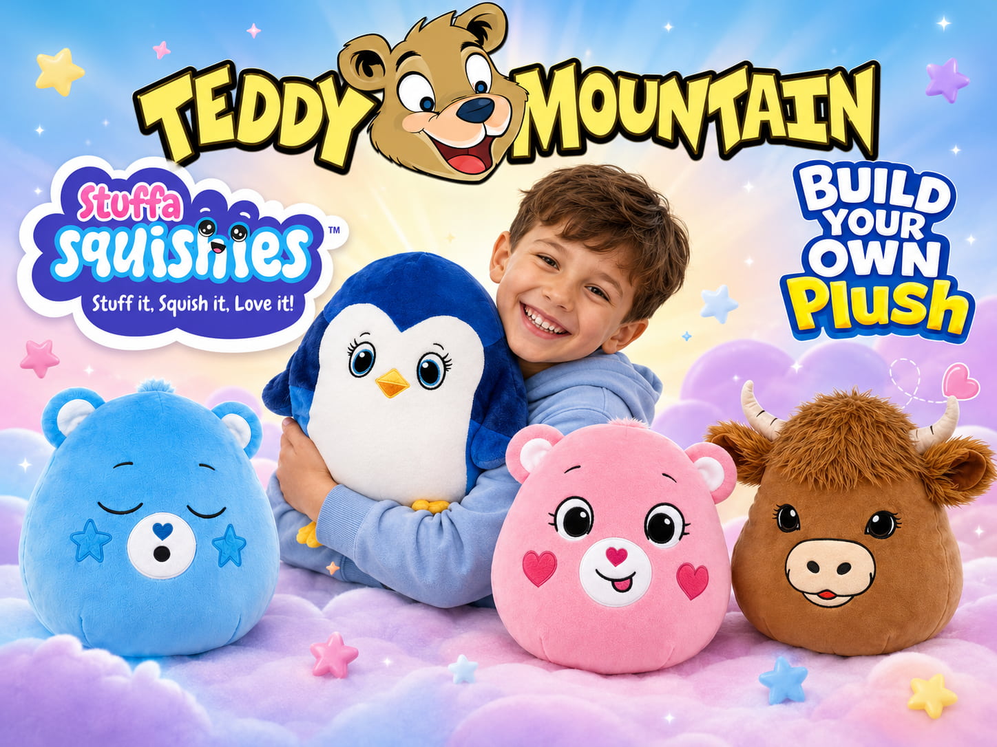 Teddy Mountain Stuffa Squishies banner showing soft squishy plush characters