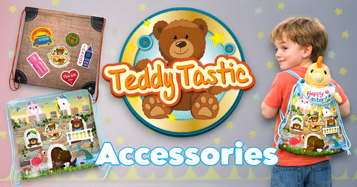 Teddy Tastic accessories display with carry bags, logo and child wearing an Easter chick backpack