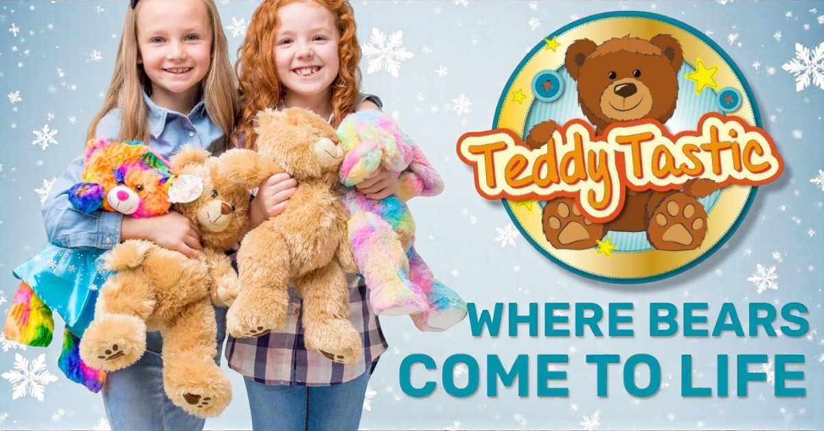 Two children holding Teddy Tastic build your own bears with colourful plush teddies, logo and Where Bears Come To Life slogan