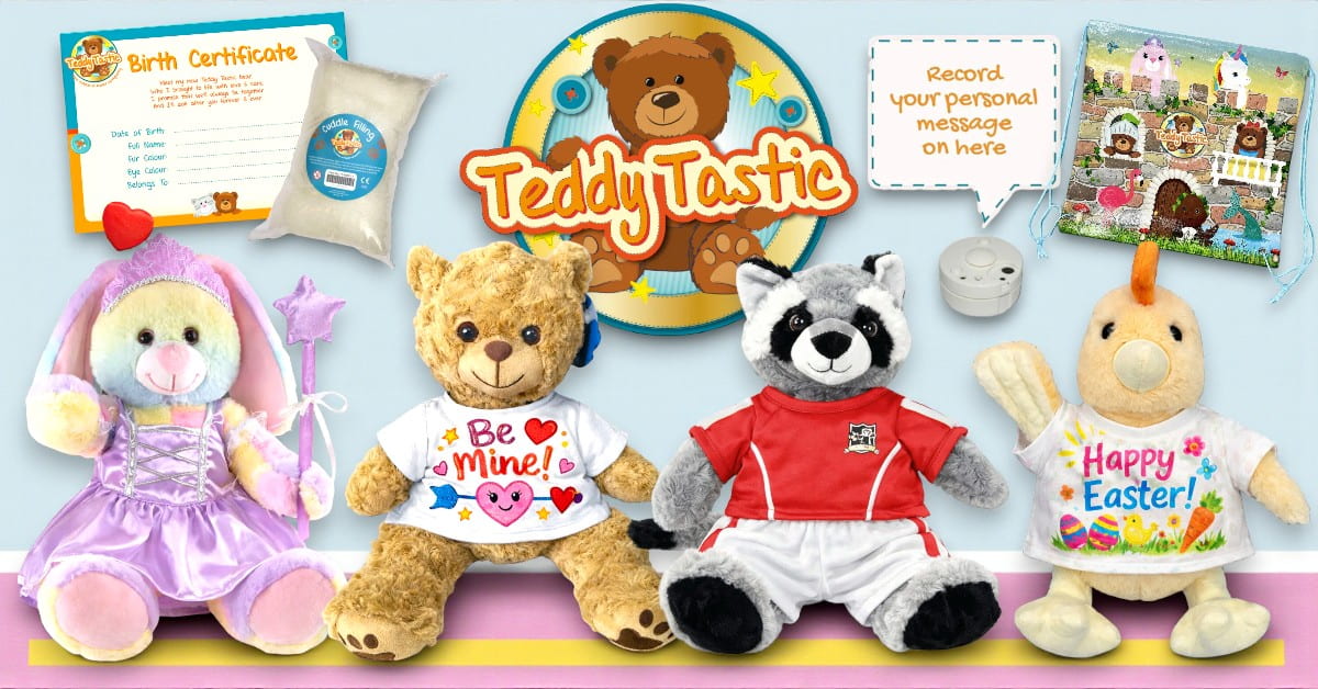 Teddy Tastic build your own teddy bear kits with plush animals, birth certificate, cuddle filling, sound box and keepsake gift bag