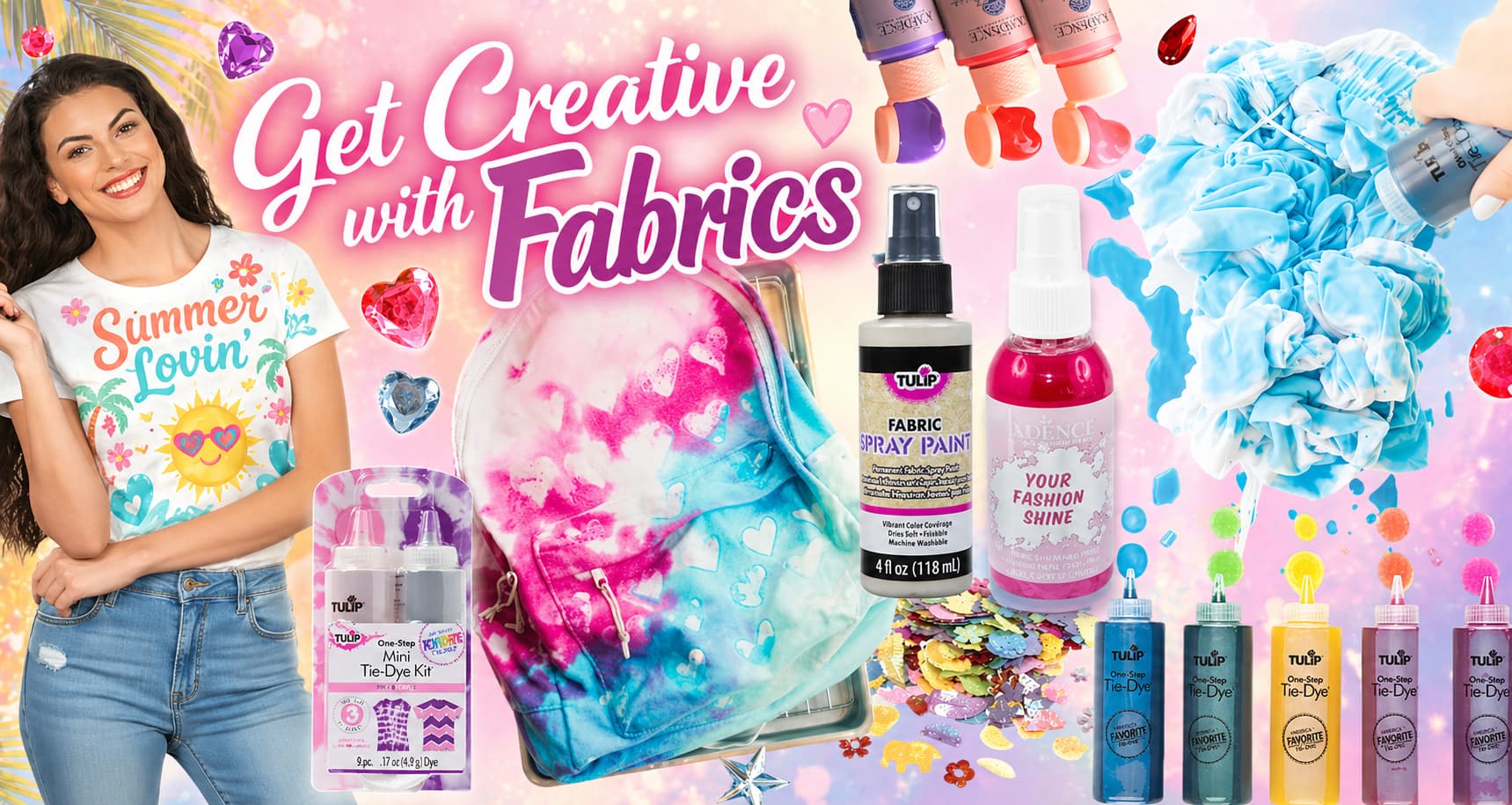 Fabric decoration and textile craft supplies including tie-dye kits, fabric paints and sprays