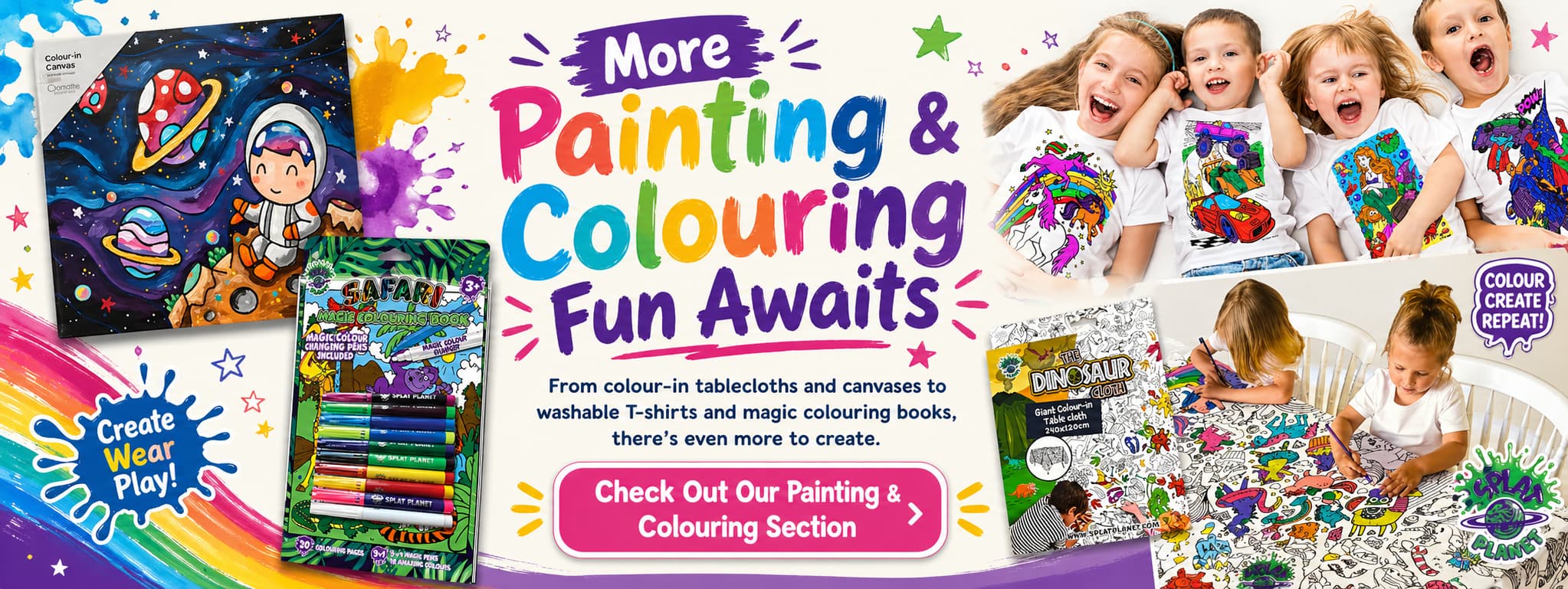 Painting and colouring craft kits including colour-in canvases, washable T-shirts, colouring books and colour-in tablecloths