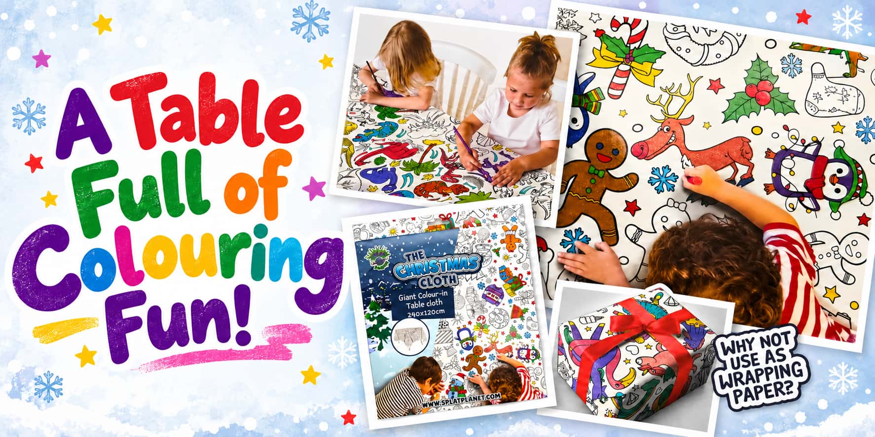 Giant colour-in paper tablecloths with children colouring dinosaur and Christmas designs