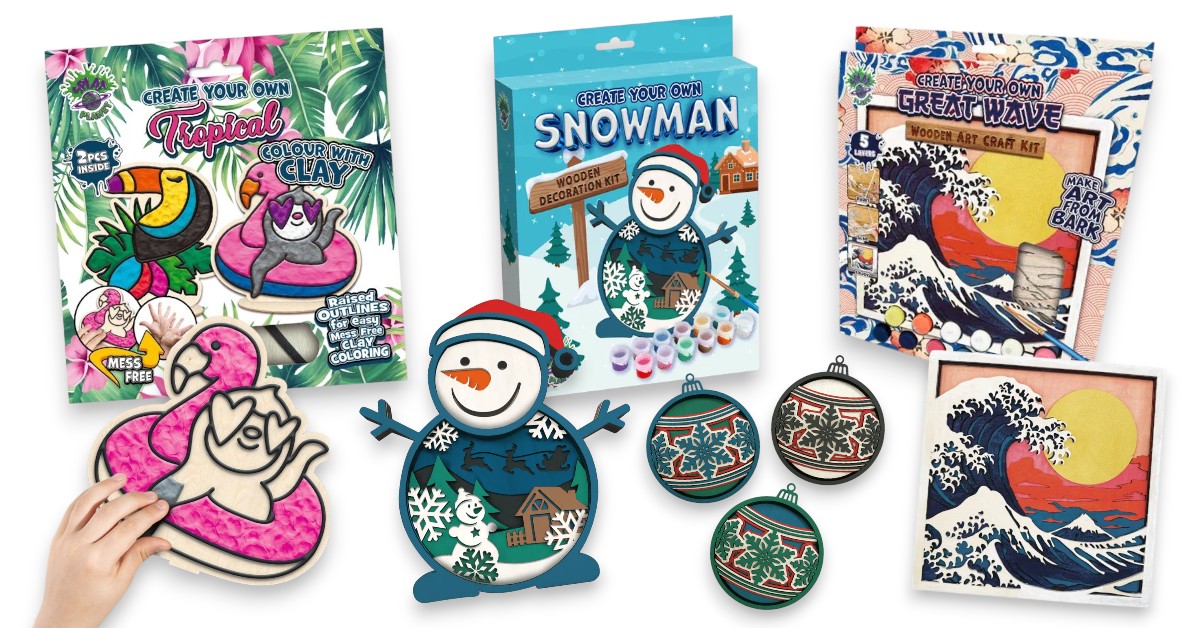 Wooden craft kits including clay colouring sets, 3D decorations and layered art kits