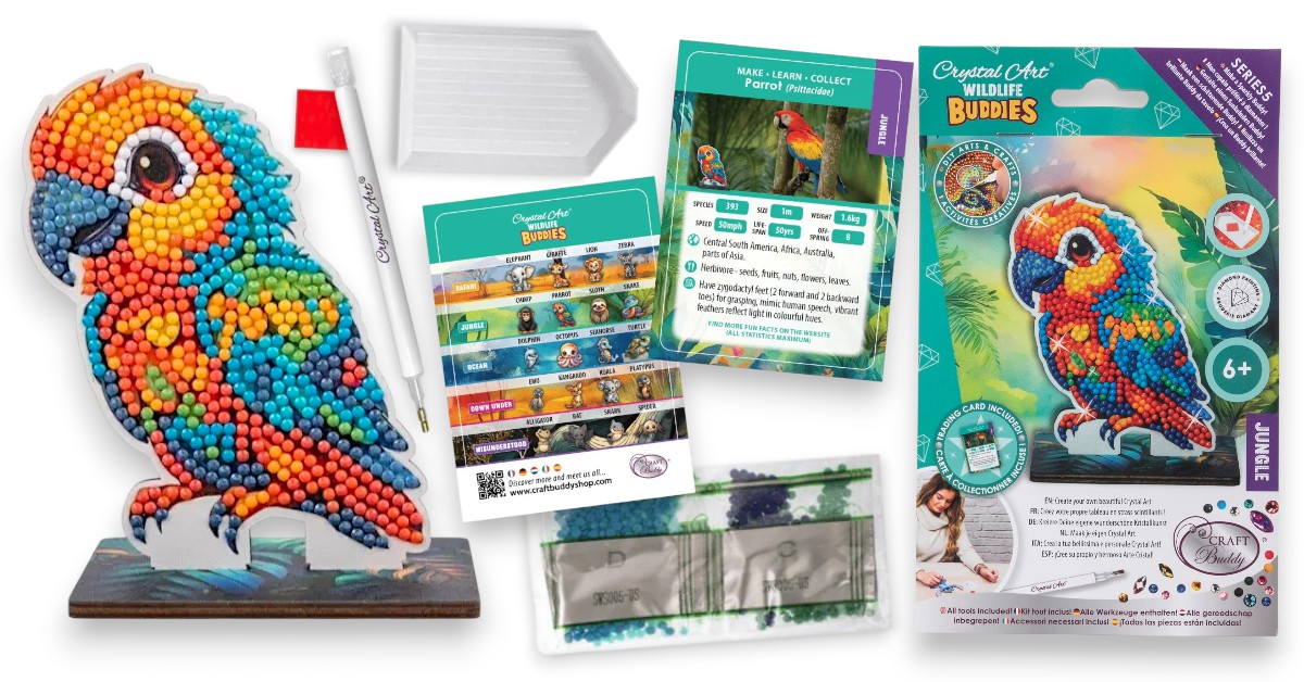 Wildlife Crystal Art Buddies craft kit contents including parrot design, crystals, tools and educard
