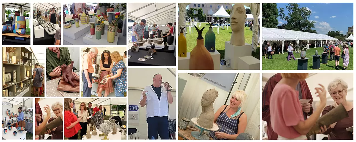Celebrating Ceramics event collage showing ceramic stalls, makers, demonstrations and displays at Waterperry Gardens
