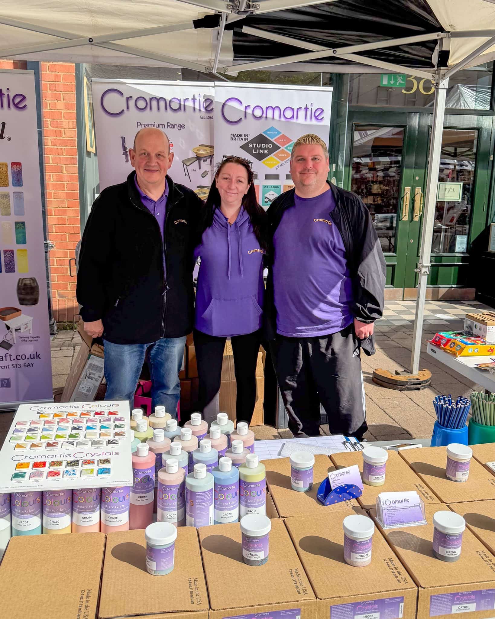 Simon Stone, Lucy Bosson and Luke Bosson on the Cromartie trade stand at Ceramics in Charnwood 2026