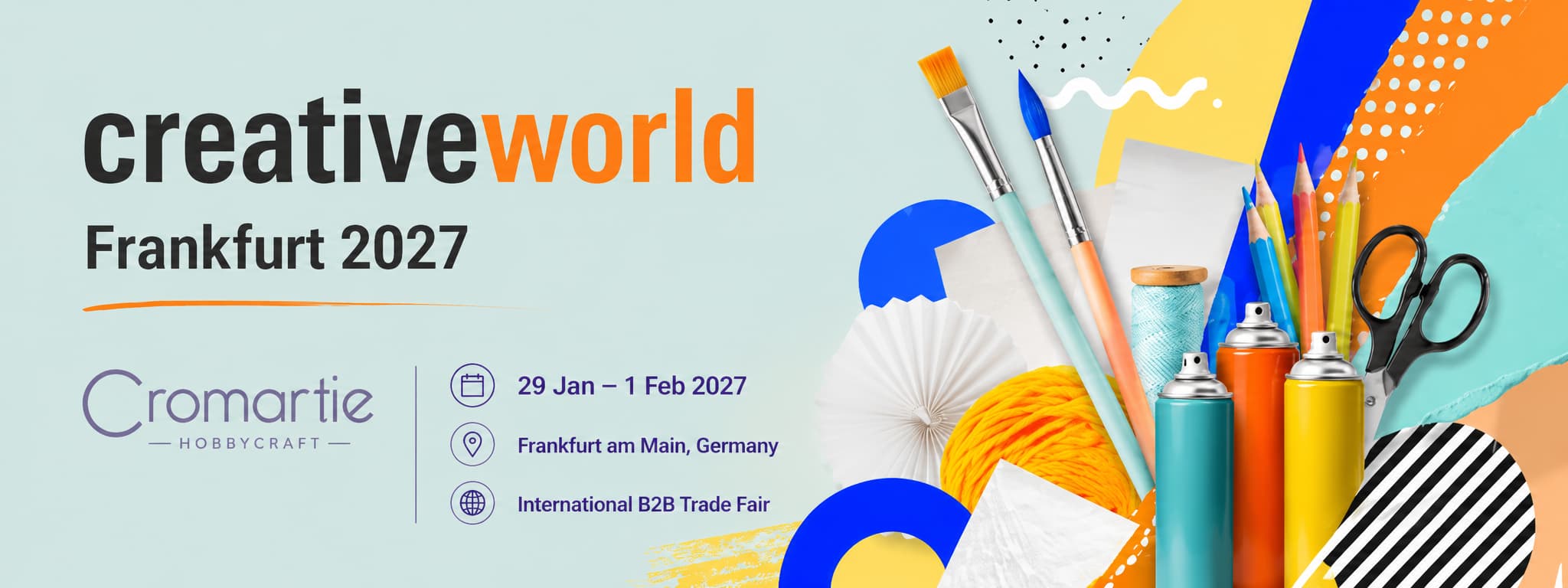 Creativeworld Frankfurt 2027 trade fair banner with Cromartie Hobbycraft stand message