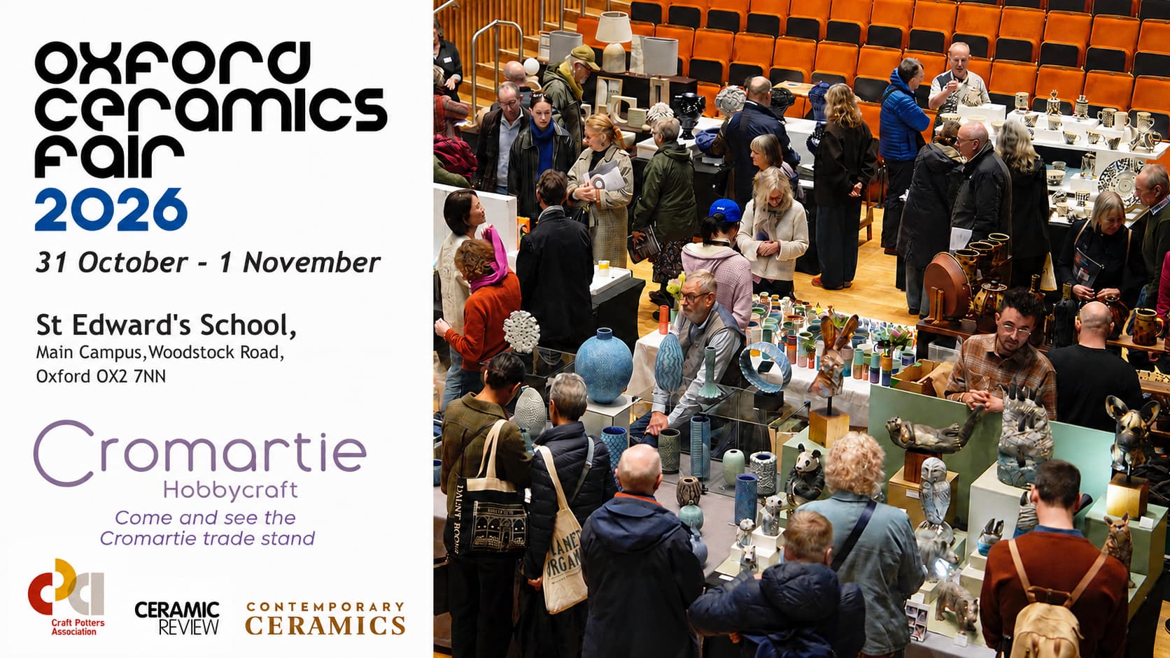 Oxford Ceramics Fair 2026 at St Edward's School Oxford with Cromartie Hobbycraft trade stand details