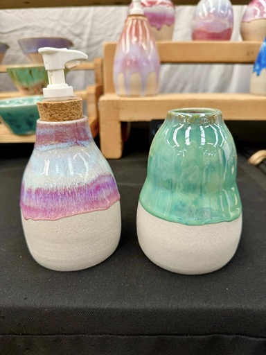 Vase and soap dispenser finished with Speedball glazes by Sno Ceramics