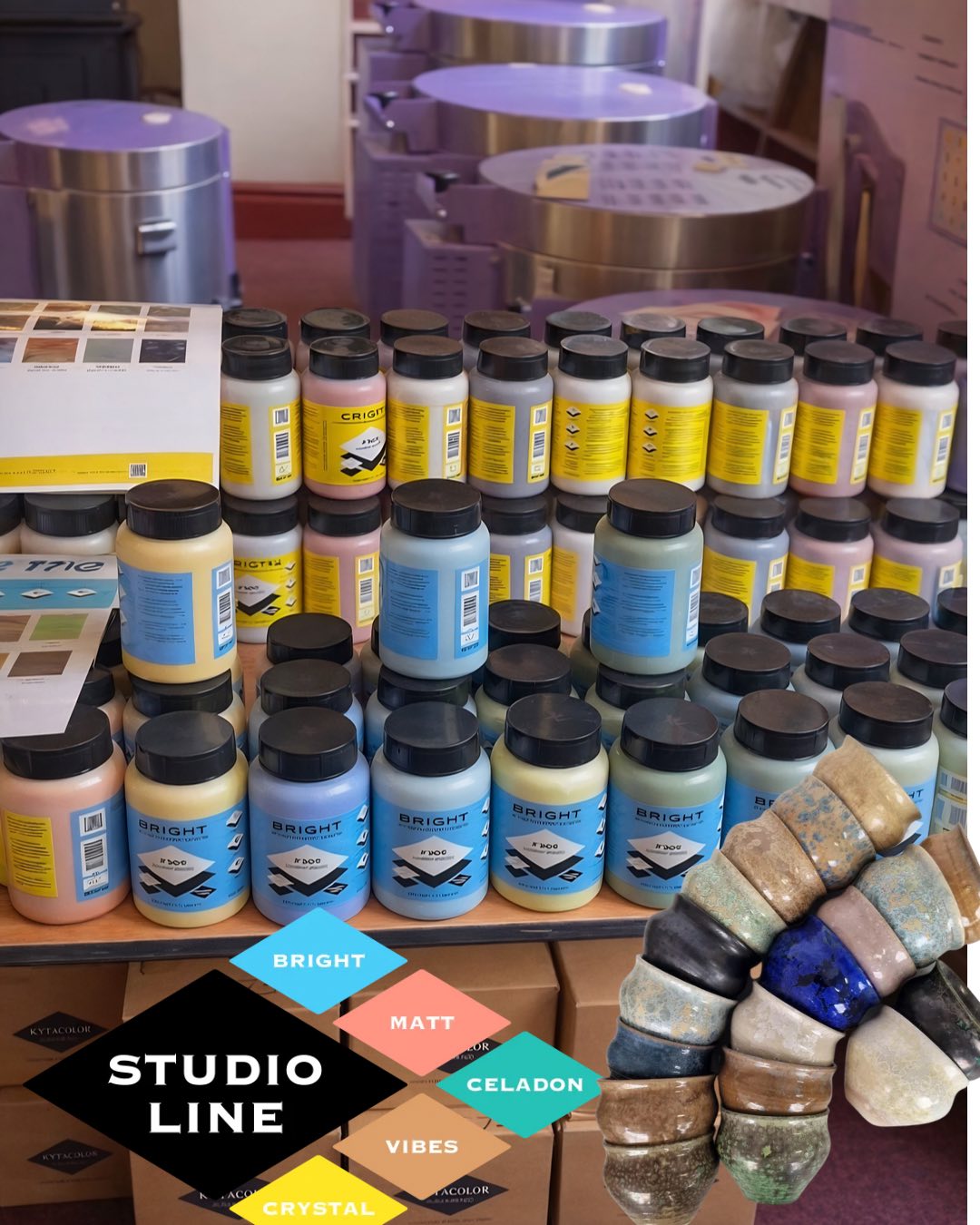 Milton Bridge Studio Line glazes displayed on the Cromartie stand at Toasted Ceramic Fair