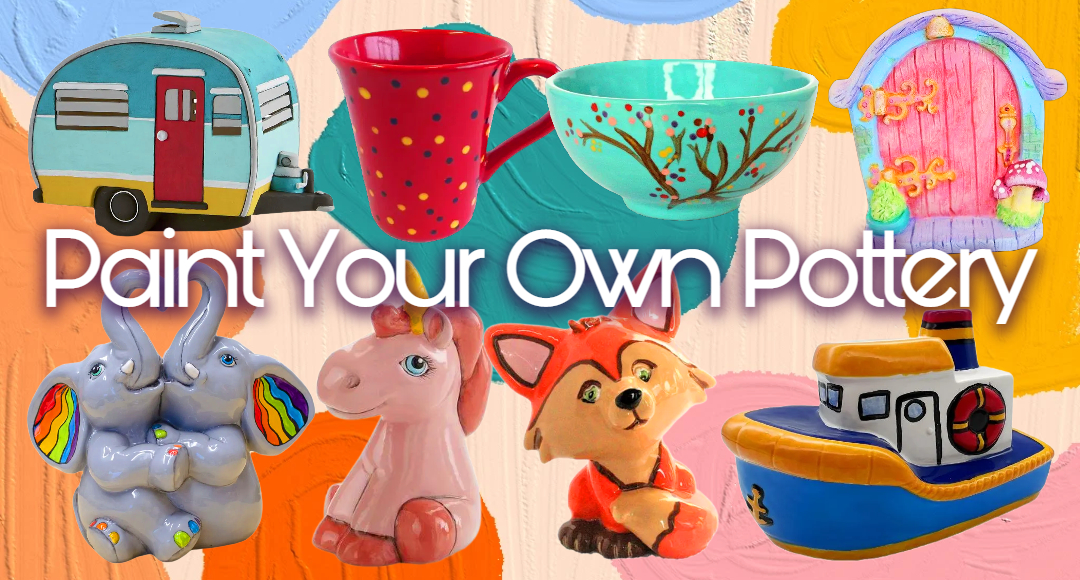 Paint Your Own Pottery pieces including camper, mug, bowl, elephants, unicorn, fox, fairy door and boat – Cromartie Hobbycraft
